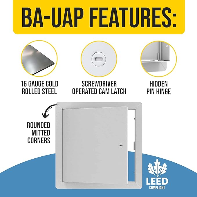 Best 6" x 6" Universal Access Panel – Flush Steel Door with Exposed Flange for Walls or Ceilings, 16-Gauge Cold Rolled Steel Frame, Screwdriver Cam Latch, White Powder-Coat Primer Finish, BA-UAP