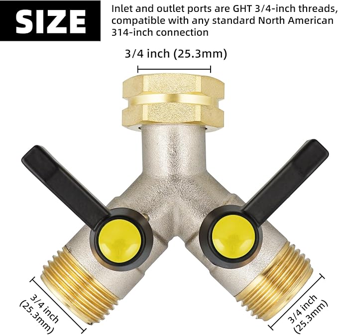 2 Way Hose Splitter, Brass High Flow Garden Hose Splitter Heavy Duty, Hose Connector, Water Spigot Splitter, Full Flow Faucet Splitter with shutoff, 3/4” GHT Inlet