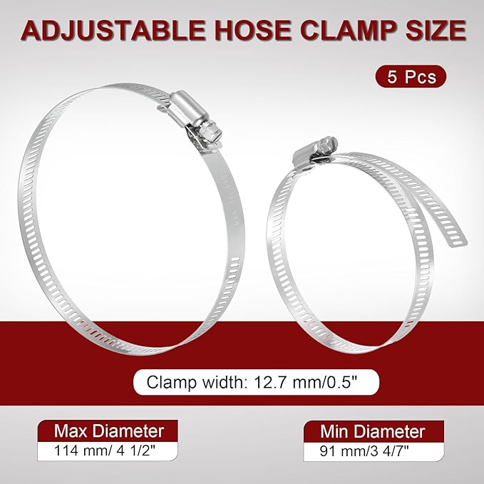 MECCANIXITY 4 Inch Stainless Steel Hose Clamp, Worm Gear Clamp Adjustable 3 4/7"-4 1/2"(91-114mm) Fuel Line Hose Clamps Duct Clamp for Pipe Plumbing Automotive Mechanical (Pack of 5)