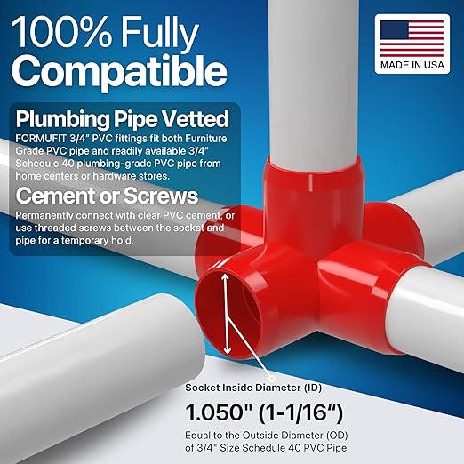FORMUFIT 3/4" 5-Way Cross Furniture Grade PVC Fitting in Red, Made in USA, UV-Resistant, Impact-Proof, 1.050” Actual Socket Diameter (Pack of 8) - F0345WC-RD-8