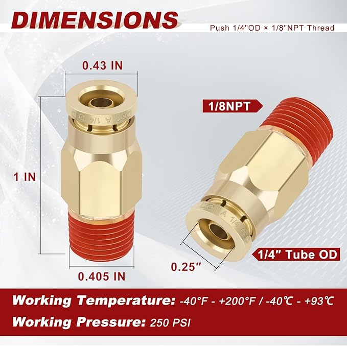 1/4" Quick Push to Connect Fittings Brass Union Straight Joint DOT Approved 1/4" Tube OD x 1/8" NPT Thread Air Line Adapter Air Suspension Kit for Truck Trailers and Air Brake System 4pcs