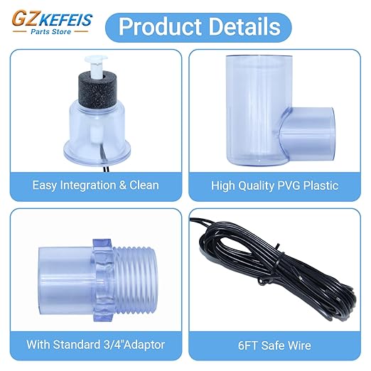 SS2 Float Switch L Shape, Compatible with Safe-T-Switch for HVAC Drain Pan Condensate Outlet, AC Water Level Switch with 3/4 Inch Adapter and 6Ft Wire (1, Transparent Blue)