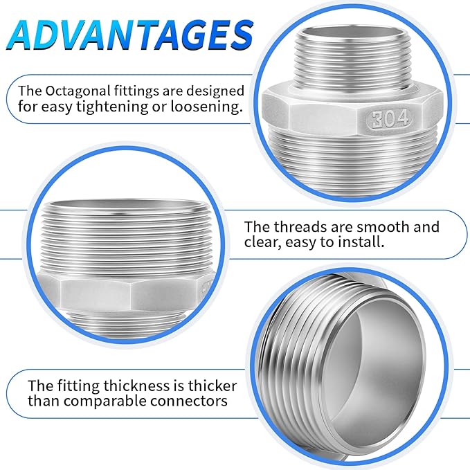 ChillWaves 304 Stainless Steel Pipe Fitting, Reducer Hex Nipple 1-1/2" NPT Male x 1-1/4" NPT Male Thread Adapter(2-PACK)