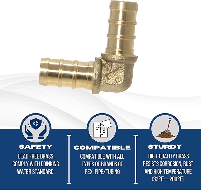 XFITTING Pex 3/8 Inch x 3/8 Inch Pex Elbow Brass Crimp Fitting, 25-5-8=5X, 5 Pieces