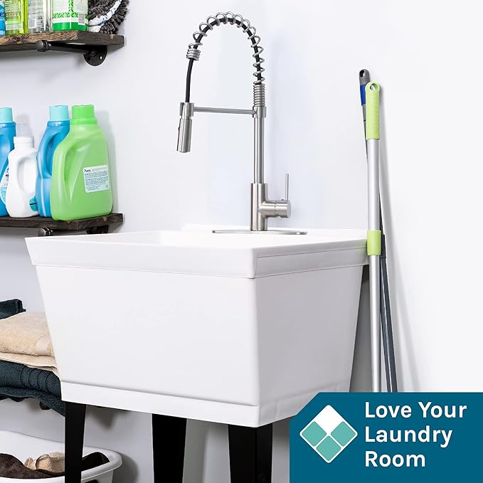 Utility Sink Extra-Deep Laundry Tub in White with High-Arc Stainless Steel Coil Pull-Down Sprayer Faucet, Integrated Supply Lines, P-Trap Kit, Heavy Duty Floor Mounted Freestanding Wash Station