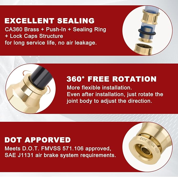 1/4" Quick Push to Connect Fittings Brass Union Straight Joint DOT Approved 1/4" Tube OD x 1/8" NPT Thread Air Line Adapter Air Suspension Kit for Truck Trailers and Air Brake System 4pcs