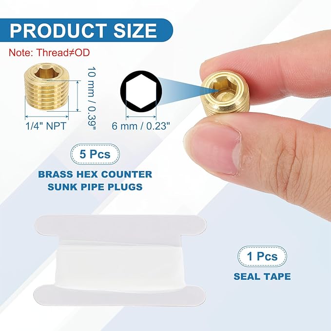PATIKIL 1/4" NPT Male Pipe Plug Fitting, 10Pcs Brass Hex Counter Sunk Plug Brass Male Connector Socket for Closing the End of Pipe Industrial Machinery Fittings
