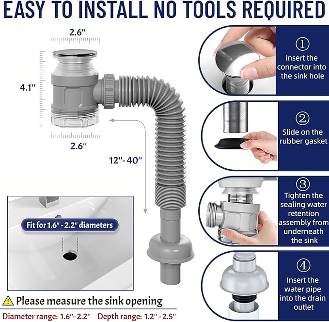 Bathroom Sink Drain Kit with Flexible Expandable Pipe: Odor-Free & Backflow-Preventing, Space-Saving Design without a P-trap, For 1-1/4'' & 1-1/2'' Drain Hole (Black, With Overflow)