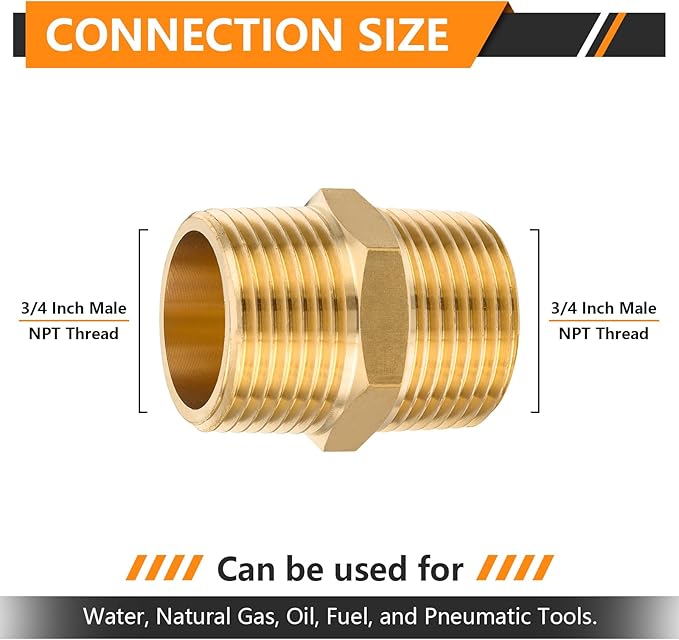 5-PCs HeSun Brass Hex Nipple Pipe Fitting, 3/4" NPT Male x 3/4" NPT Male Nipple Pipe Adapter(NPT014-5)