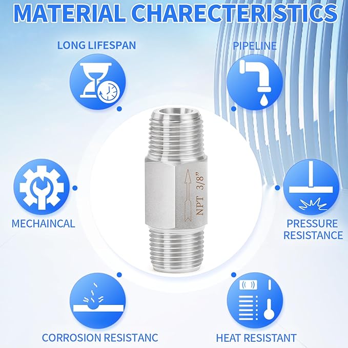 ChillWaves 304 Stainless Steel In-Line Siamese Check Valve 3/8" NPT Male Thread, One-Way Non-return Check Valve，Prevent Water Back-flow(1-PACK)