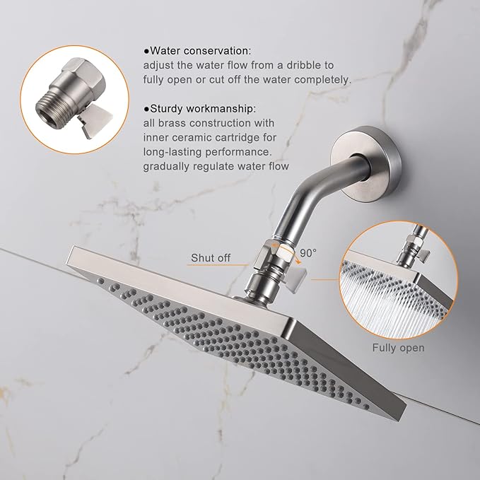 Shower Head Shut Off Valve, Brass G1/2“ Water Flow Control Valve for Shower head and Handheld, Water Pressure Regulator Replacement for Shower System(Brushed Nickel)
