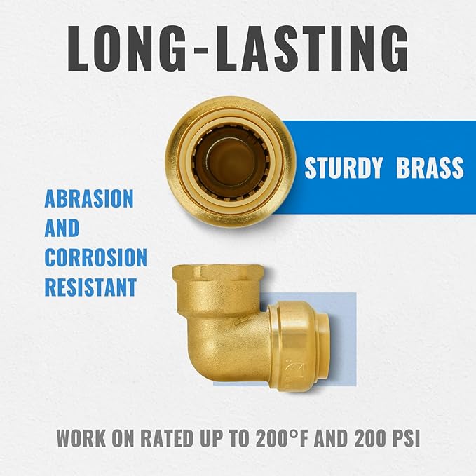 SUNGATOR 3/4 Inch Female Adapter Elbow, 3/4 Inch FNPT, No Lead Brass Push-to-Connect Plumbing Fittings for PEX Pipe, Copper, CPVC, with 1 Release Clip and 1 Sealing Tape, Pack of 4