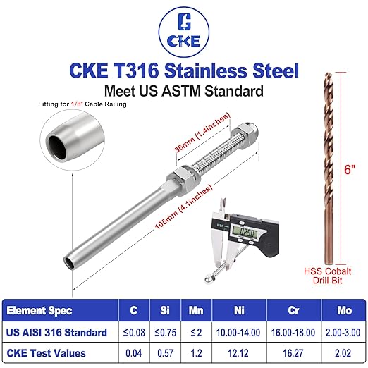 CKE 50 Pack Cable Railing Kit - Hand Swage Threaded Stud Tensioner End Fitting Terminal for 1/8" Cable, 2x2 Wood/Metal Post Deck Stair Railing Hardware, T316 Stainless Steel, CR06