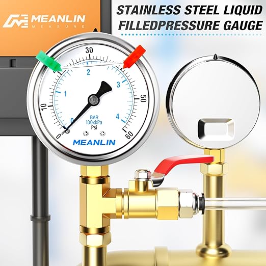 MEANLIN MEASURE 0~60Psi Liquid Filled Pressure Gauge 1/4" NPT 2.5" FACE DIAL Stainless Steel Glycerin Filled WOG Water Oil Air Lower Mount (with 2PCS Snaps)