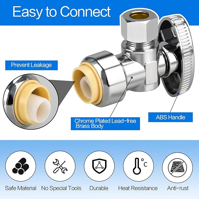 10pcs Stop Valves, 1/2" × 3/8" Angle Stop Valve, 1/2" PTC Input, 3/8" OD Compression Output, Push to Connect, 1/4 Turn, Chrome Plated Brass for Faucet, Toilet Valves, No Lead