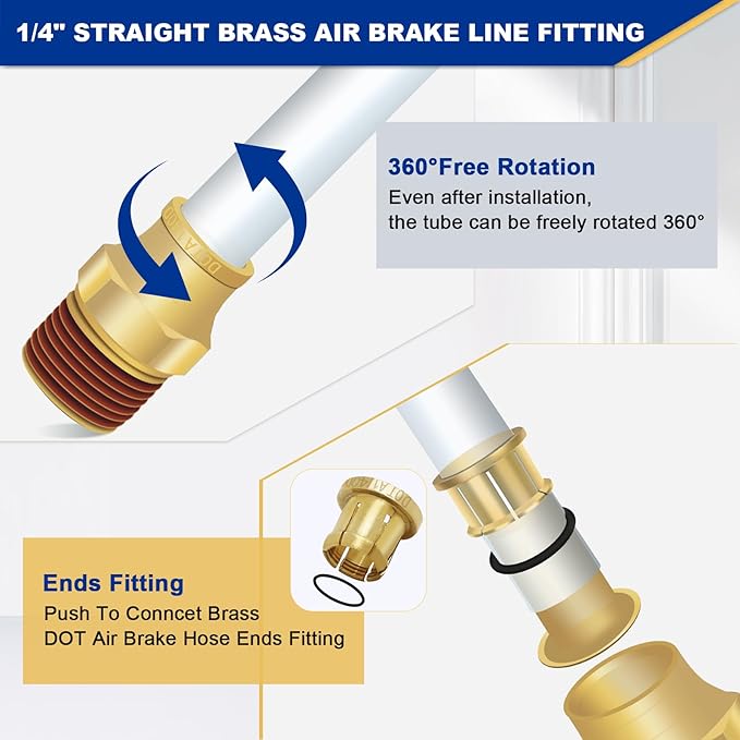 1/4" Brass Push to Connect DOT Air Brake Fittings, 3PCS Air Line Quick Connect Fittings 1/4" Tube OD x 1/4" NPT Connector Tube to Male Pipe for Truck Trailers Air Brake System