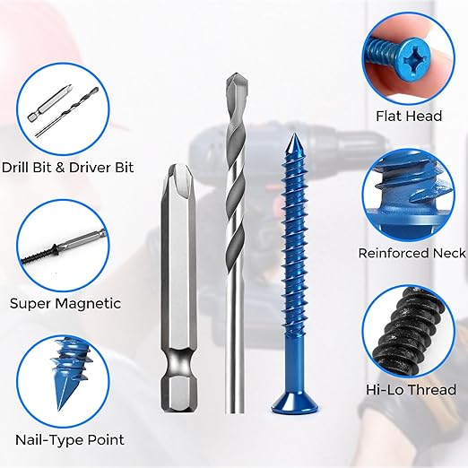 100PCS Concrete Screws Assortment Kit, 3/16" Flat Head Masonry Screws with Drill Bit and Driver Bit, Cement Screws for Concrete Brick, Diamond Point