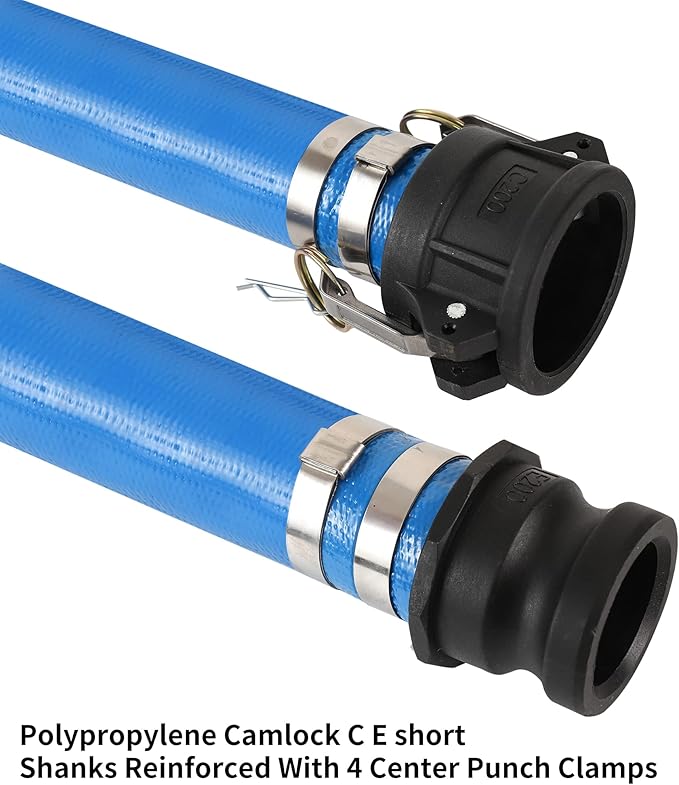 2" x 50FT Blue Discharge Hose with Camlock C and E Fittings, Reinforced PVC Lay Flat Backwash Hose Assembly, Weather and Burst Resistant, Ideal for Sump Pump Hose Pool Drain or Backwash