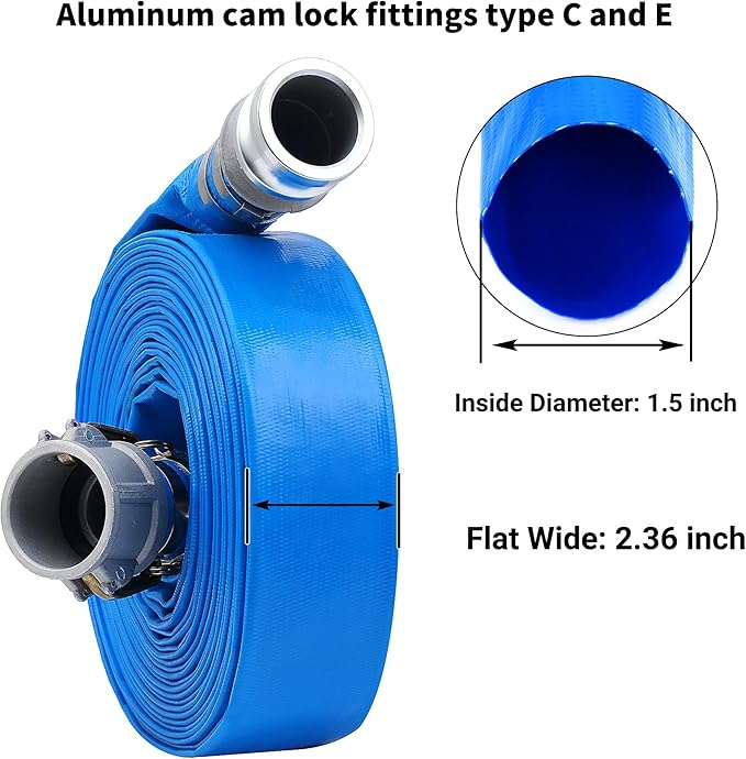 1-1/2" x 50ft PVC Lay Flat Discharge Hose With Aluminum Camlock C & E Fittings, Cam Lock Fitting Type A included, Pump Backwash Hose Assembly