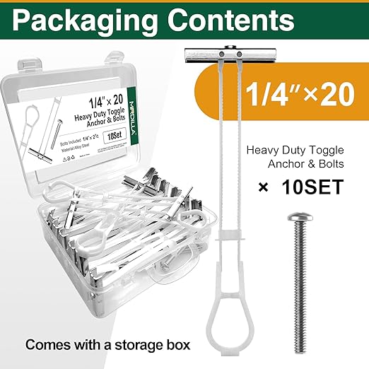 10 Pcs 1/4"-20 Toggle Bolts for Drywall, Heavy Duty Metal Strap Anchors Hold Up to 260 lbs, Wall Mounting Kit for TV, Cabinets & Shelves