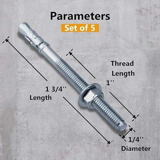 Party Animals 1/4 x 1-3/4 Inch Wedge Anchor, 5 PCs Zinc-Plated Industrial Anchor Bolts for Cement, Concrete