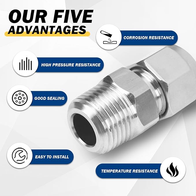 Yoebor Stainless Steel 304 Compression Tube Fitting Straight Adapter Connector with Double Ferrules OD x NPT Male,Pack of 2 (1/2" OD x 3/8" NPT Male)