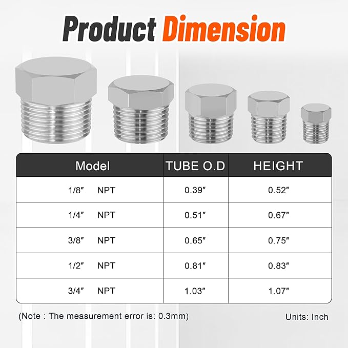 20 PCS 304 Stainless Steel Hex Pipe Plug Fittings Kits,Hex Head Plugs Fitting Assortment Kit 1/8" 1/4" 3/8" 1/2" 3/4" NTP Plugs Male Threaded