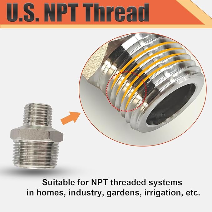 1/2” Male x 1/4"Male NPT Threaded Reducing Nipple Pipe Fitting Adapter, Heavy Duty 304 Stainless Steel Hex Nipple Reducer Straight Connector Pipe Adapter (1/2”-1/4”)