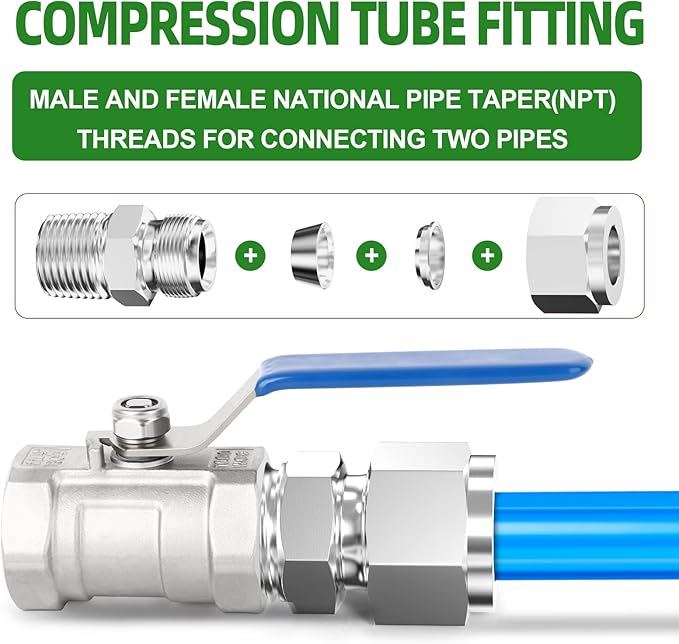 TAISHER 2PCS 304 Stainless Steel Compression Tube Pipe Fitting Connector, 3/8" Tube OD x 3/8" NPT Male Straight Adapter