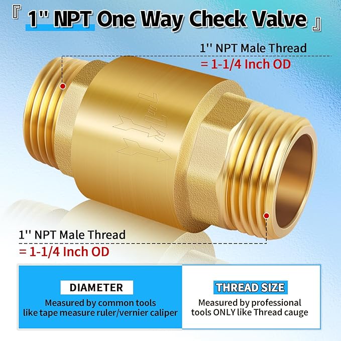 Boltigen 2Pcs 1in NPT Spring Check Valve, Brass Non Return One Way Check Valve, Vertical Inline Water Backflow Preventer for Well, Pump, Tank (1" Male x 1" Male(DN25))