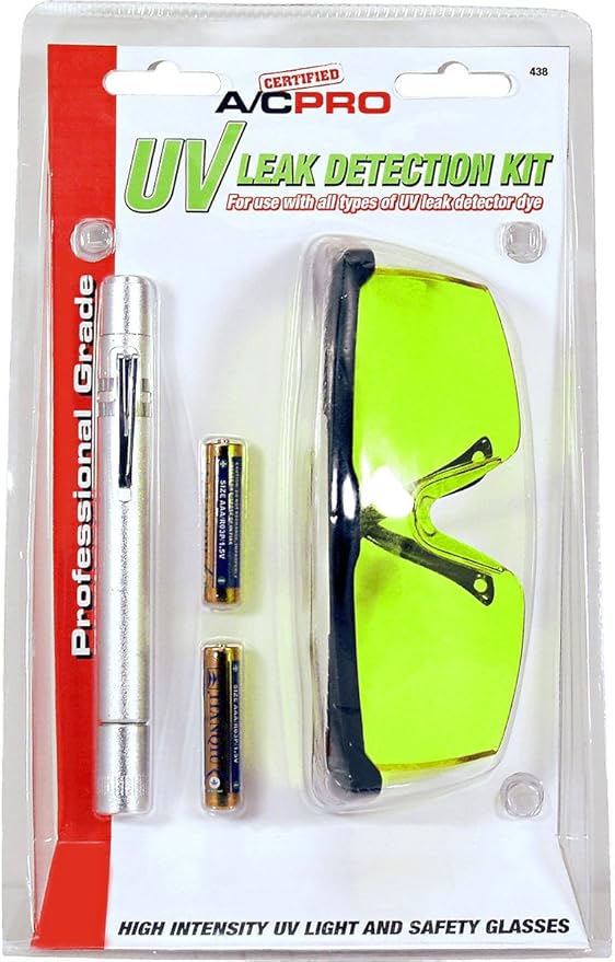 A/C Pro Certified A/C Pro Car Air Conditioner Stop Leak Detector Kit, Leak Detection Kit Detects O Ring and Hose Leaks, Includes Protective Glasses and Pen Light