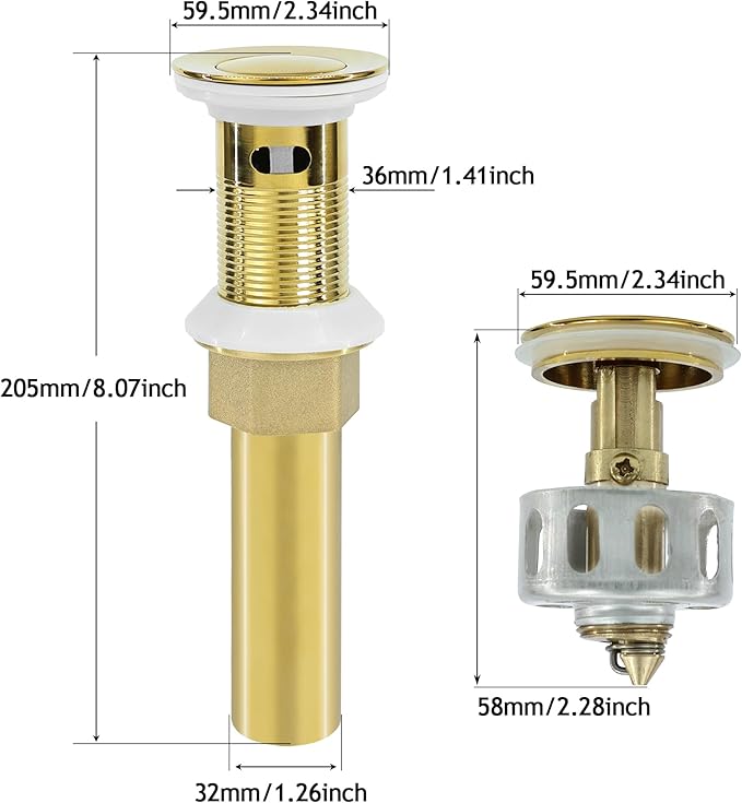 Bathroom Sink Drain,Drain Stopper Gold Stainless Steel Bathroom Sink with Overflow,Small Cap Pop Up Drain Assembly with Detachable Strainer Basket,Built-in Anti-Clogging