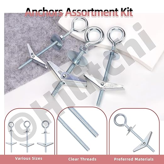 Hilitchi 18Pcs 3 Sizes O-Shaped Toggle Bolts and Wing Nut Kit M4 M5 M6 Eye Bolt Toggle Anchors Set Butterfly Toggle Anchors Toggle Bolts Heavy Duty Butterfly Anchors for Hanging Lamps Heavy Items