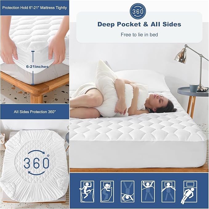 GRT California King Mattress Protector Waterproof, 100% Waterproof Quilted Fitted Mattress Pad, Noiseless Hollow Cotton Mattress Cover, fits up to 21" Deep, Dust Proof White