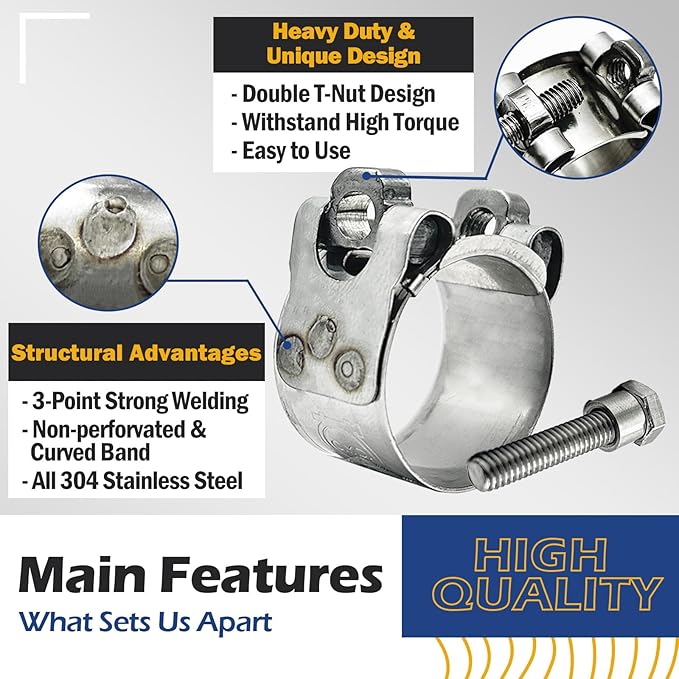TT Heavy Duty Hose Clamps, 304 Stainless Steel T-Bolt Clamp, Adjustable Range 52-55 mm, Solid T-nuts and Wide Band for 2.15 Coolant Hose Clamp (2.05-2.17 inch, 2 pack)