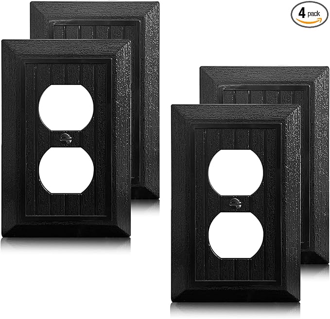 4-Pack Black Outlet Covers Plate, Classic Retro Wood Grain Design Style, Modern Decorative Electric Receptacle Light Switch Cover Plates (1-Gang Duplex Mid-Size)
