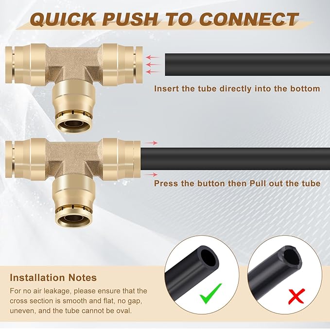 3/8" Quick Push to Connect Fittings Brass Union Tee Shaped Joint DOT Approved 3/8 Inch OD 3 Way Tube Air Line Adapter Air Spring Suspension Kit for Car Truck Trailers and Air Brake System 2pcs