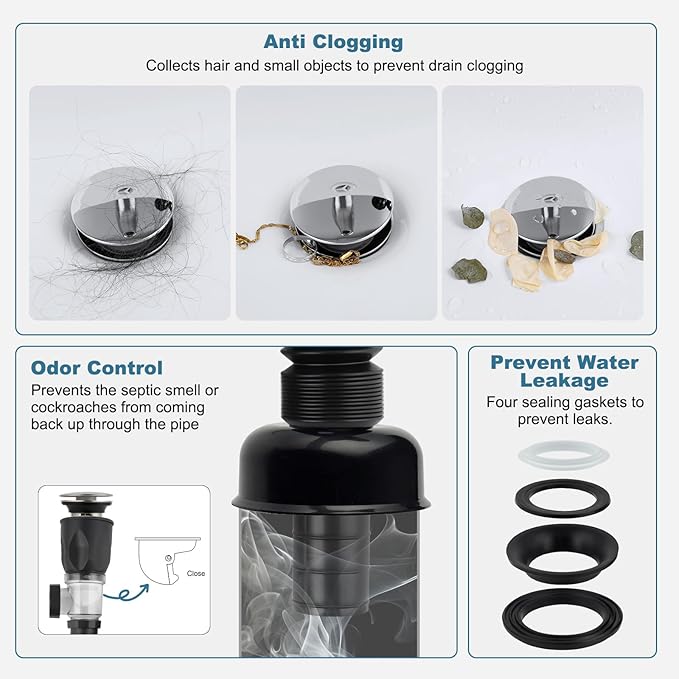 iFealClear Bathroom Sink Drain Kit, Flexible P-Trap Drain Pipe with Pop Up Stopper, Sink Pipe Replacement with 2 Adapters, Fits 1-1/4'', 1-1/2'', 2" Holes, Big Cover Cap, Brass Bounce Core, Chrome