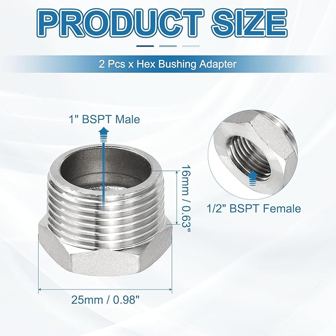 PATIKIL 304 Stainless Steel Reducer Hex Bushing 4 Pcs, 1" BSPT Male to 1/2" BSPT Female Pipe Reducing Adapter Fitting Connector for Water Gas Hydraulic Pipes Shower Hose, Silver