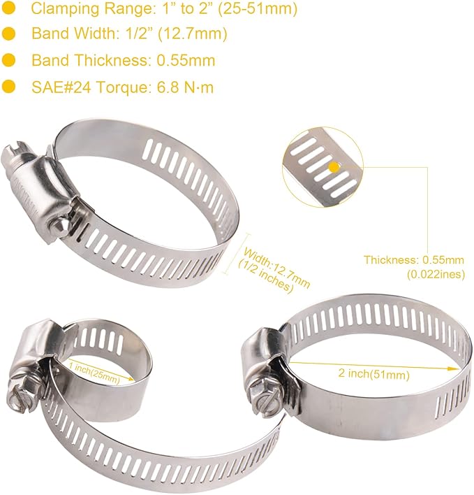 Winlong 1 1/2'' Stainless Steel Hose Clamps, 15PK SAE 24 Worm Gear 1.5'' Hose Clamps Adjustable 1 inch-2 Inch (25-51mm) for Automotive Plumbing, 1 1/2’’, 1 3/4'', 1 1/4’’