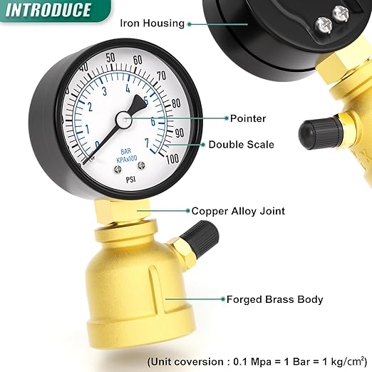 0-100PSI Air Test Pressure gauges, 2" Double Graduated Dial, 3/4" FNPT Forged Brass Bell Shape Body Assembly, 1/8" NPT Air Bleeding Valve, for Pressure Testing on Home Gas Line