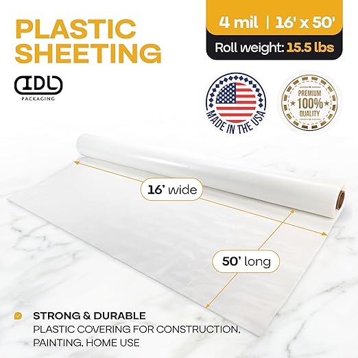 Plastic Sheeting 4 mil, 16' x 50' (800 sq. ft.) - Semi-Clear LDPE Film Roll - Roll of Plastic Sheeting for Painting, Construction, Drop Cloth - Painters Plastic Roll foк Vapor Barrier by IDL Packaging