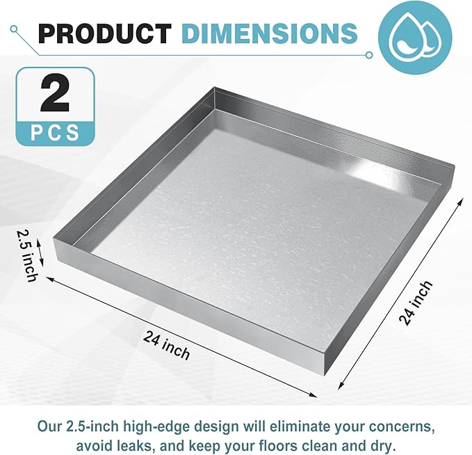 Shimeyao 2 Pack Galvanized Drain Pan 24" x 24" x 2.5" Water Damage Prevention for Dishwasher, Electric Water Heater, HVAC Protects Floor Drip Pan