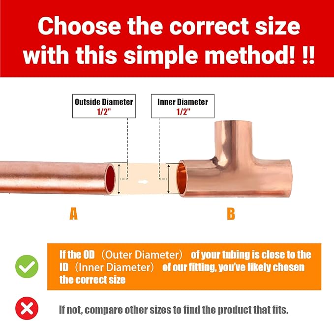 1/2" Copper Tee,Copper Three-Way Fitting Welding Joint, Sweat Solder Connection for Residential and Commercial Plumbing, HVAC Air Conditioning Systems (5 Pack)