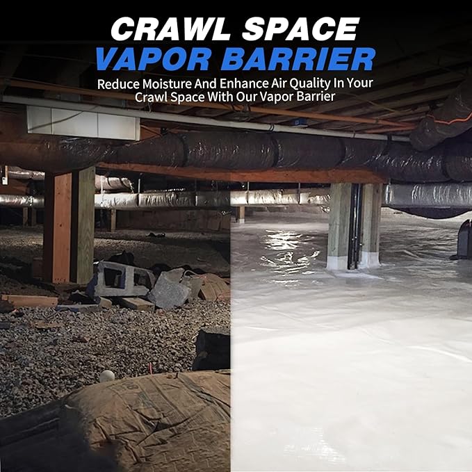 White Crawl Space Vapor Barrier, 16 Mil Vapor Barrier, 10' x 50', White Thick Plastic Sheeting, Heavy Duty Polyethylene Film, White Plastic Drop Cloth Covering for Crawlspace, Basement