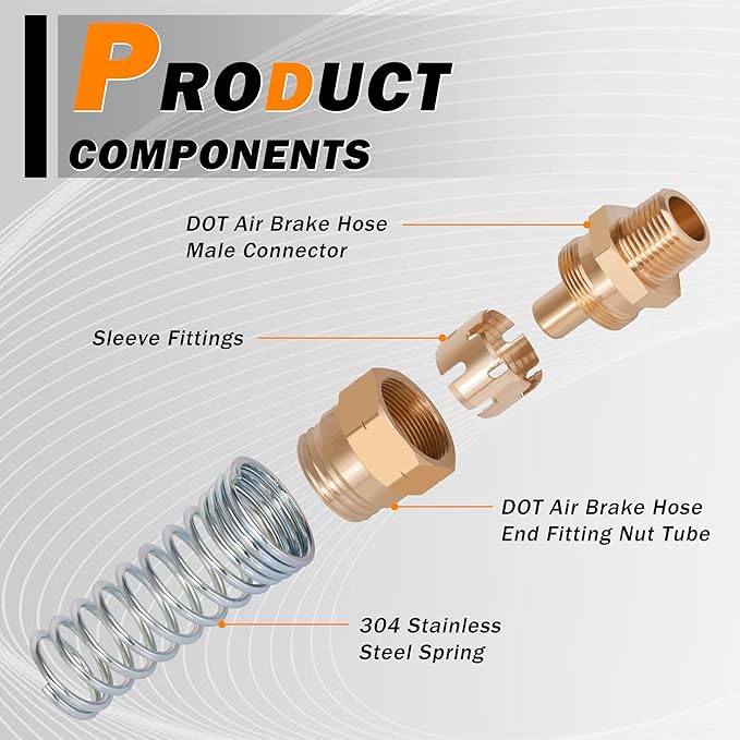 4 Pack 1/2 Hose x 3/8” Male Connector Air Brake Hose Fitting with 8 Pack Fitting Sleeve Tube, Brass DOT End Fitting for Air Brake Systems