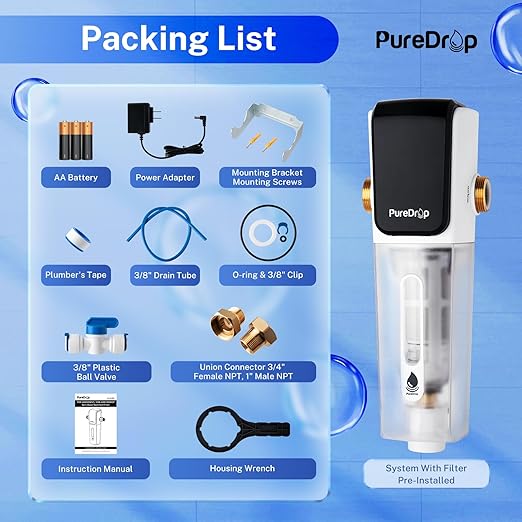 PDR-ARB50WSP Spin Down Sediment Water Filter, Auto Flushing Module with Touch-Screen, Reusable Whole House Sediment Filter for Well Water w/Scraper, 50-Micron Prefilter Filtration System