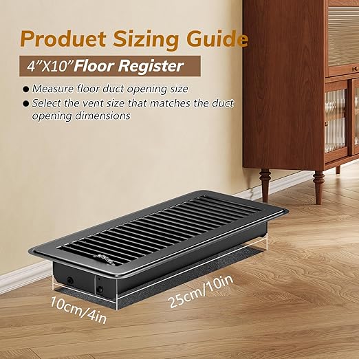 4Pcs Floor Vents Floor Registers 4x10 Inch, Heavy Duty Metal Hot Air Vent Covers 4x10 Inch with Rust-Proof Finish for Home Heater Floor Vent Grilles and Vents (4, Black, 4x10 Inches)