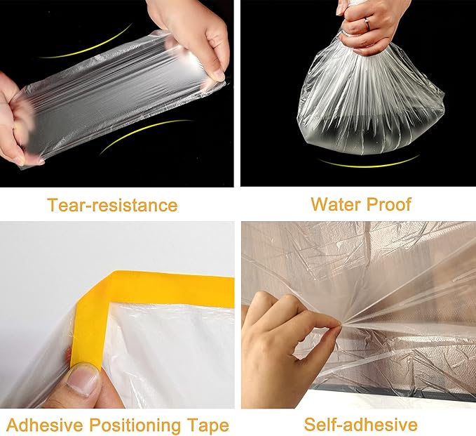 Muf 9 x 65 Feet Plastic Drop Cloth Protective Masking Film, Waterproof Plastic Sheeting with Masking Tape, Prevent Dust Paint for Car, Furniture, Carpet, Floor, 2 Pack