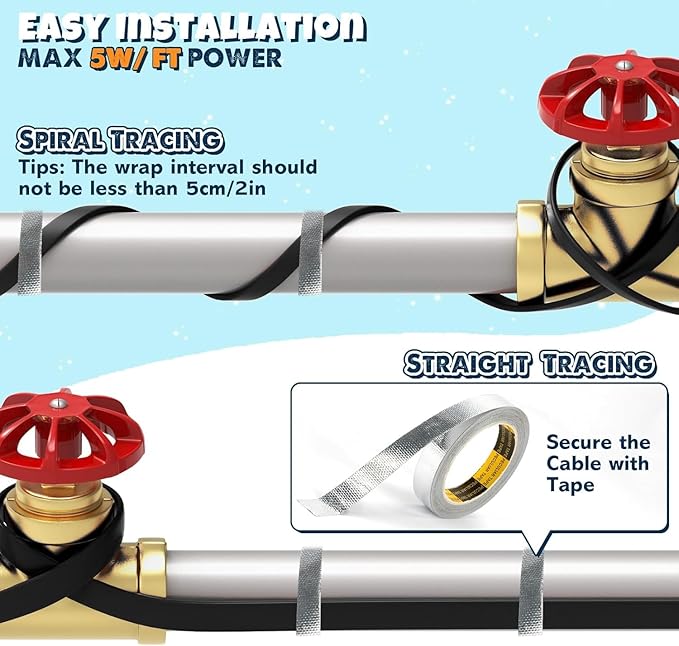 3~100FT Heat Tape for Water Pipes, UL & ETL Certified 3 FT Self-Regulating Pipe Heating Cable with Thermostat for Pipe Freeze Protection, Waterproof Heat Tape for Metal and Plastic Pipes,Black
